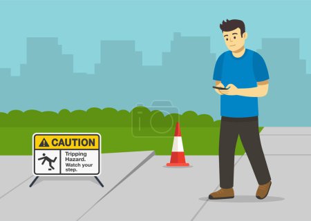 Pedestrian safety rules and tips. Young male character using mobile while walking on the street and about to fall down. Broken concrete sidewalk. Tripping hazard. Flat vector illustration.