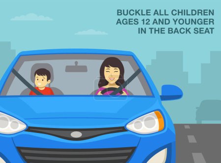 Illustration for Safe driving tips and rules. Buckle all children ages 12 and younger in the back seat. Close-up of female driver and male kid sitting in front seats. Flat vector illustration template. - Royalty Free Image