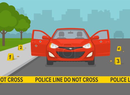 Illustration for Car driving. Do not cross yellow tape at crime scene. Car with dozen bullet holes and open front doors. Flat vector illustration template. - Royalty Free Image