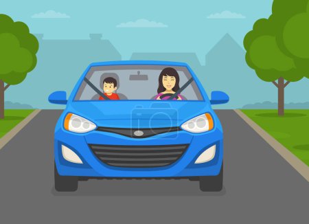 Illustration for Safe driving tips and rules. Happy female driver and male kid sitting in front seats while driving a car. Flat vector illustration template. - Royalty Free Image