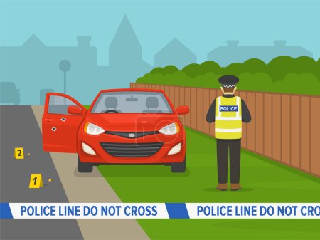 Illustration for Car driving. Do not cross police tape at crime scene. Car with dozen bullet holes and open front door on verge. Police officer writing a report. Flat vector illustration template. - Royalty Free Image