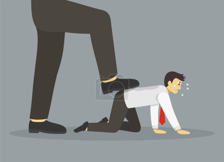 Illustration for Crawling manager or businessman tramped by big foot. Close-up view of feet on a tired and sweaty male worker's back . Flat vector illustration template. - Royalty Free Image