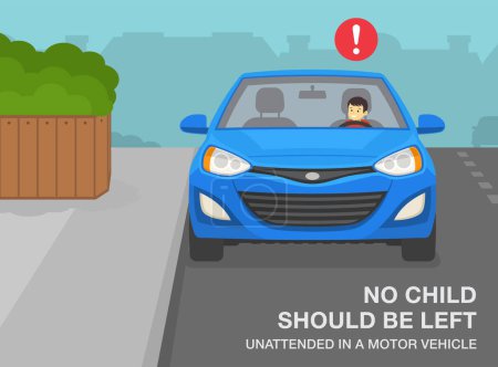 Illustration for Safe driving tips and rules. No child should be left unattended in a motor vehicle. Kid sitting in front driver's seat. Parked car at curb. Flat vector illustration template. - Royalty Free Image