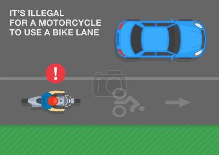 Illustration for Safe motorcycle riding rules and tips. It is illegal for a motorcycle to use a bike lane. Top view of a biker riding on the bike lane. Flat vector illustration template. - Royalty Free Image