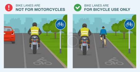 Safe motorcycle riding rules and tips. Bike lanes are not for riding motorcycles. Back view of a biker on a bike lane. Do's and don'ts. Flat vector illustration template.