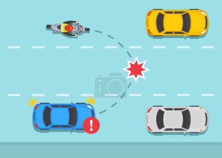 Illustration for Safe motorcycle riding rules and tips. Changing lane accident. Same direction moving crash. Top view of a biker and car on a city road. Flat vector illustration template. - Royalty Free Image