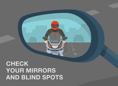 Illustration for Safety driving tips and traffic rules. Close-up of a vehicle wing mirror. Reflection in a car rear mirror of a biker riding a motorcycle. Check your mirrors and blind spot. Flat vector illustration. - Royalty Free Image