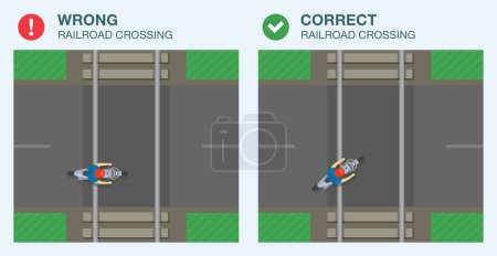 Téléchargez les illustrations : Safe motorcycle riding rules and tips. Correct and wrong railroad crossing by motorcycle. Top view of a biker crossing on level crossing. Flat vector illustration template. - en licence libre de droit