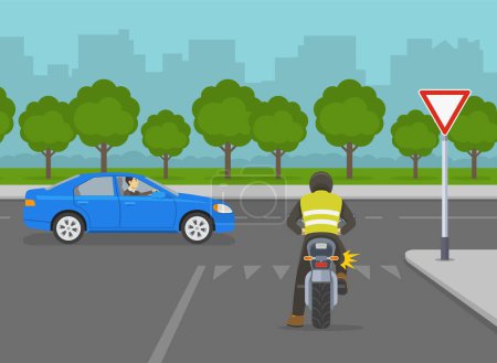 Téléchargez les illustrations : Motorcycle riding tips and traffic regulation rules. Biker is about to turn right on road with "give way" sign. Yield to traffic on the major road. Flat vector illustration template. - en licence libre de droit