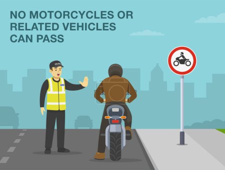 Safe motorcycle riding rules and tips. No motorcycles or related vehicles can pass. Traffic police officer stops biker on road. Back view. Flat vector illustration template.