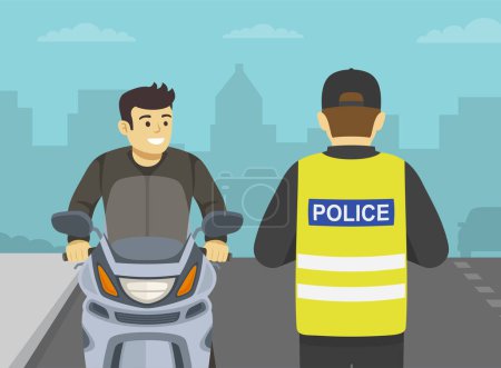 Téléchargez les illustrations : Traffic police officer pulls over a motorcyclist without helmet on a city road and checks driver license. Young male rider looking at police officer. Front view. Flat vector illustration template. - en licence libre de droit