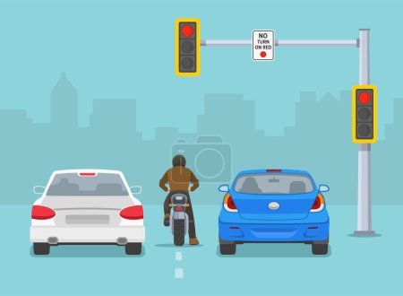 Traffic regulation rules and tips. Motorcycle riding between cars. Vehicles stopped at red traffic signal. Back view of city traffic flow. Flat vector illustration template.  