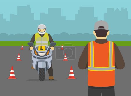 Illustration for Motorcycle driving practice. Learner motorcyclist practising to ride a moto. Learner biker on test road with red cones. Instructor writing on clipboard his points. Flat vector illustration template. - Royalty Free Image