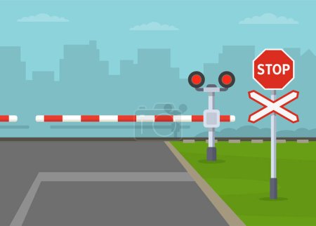 Ilustración de Closed railroad barriers at a rural railway crossing. Stop and wait for the train to cross, don't try to race across the track before the train approaches. Flat vector illustration template. - Imagen libre de derechos