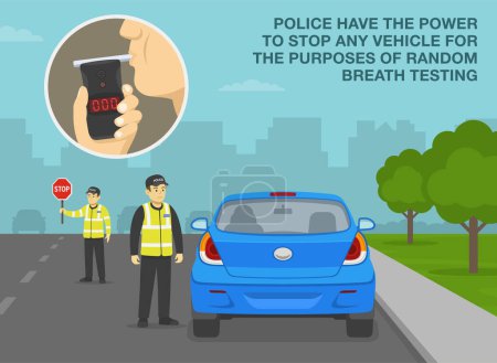 Ilustración de Roadside drug and alcohol testing. Driver blowing into a tester. Police have the power to stop vehicle for random breath testing. Officers stop a driver at check point. Flat vector illustration. - Imagen libre de derechos