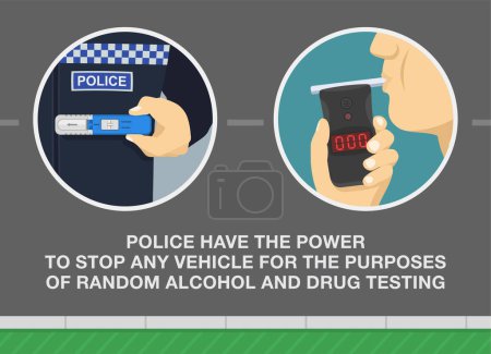 Ilustración de Police have the power to stop vehicle for random drug and alcohol testing. Hand holding a drug testing kit. Driver blows into a tester. Flat vector illustration template. - Imagen libre de derechos