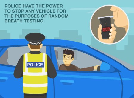 Ilustración de Roadside drug and alcohol testing. Traffic officer officer pulls over a blue car for the purpose of alcohol testing on a city road. Male driver looking at police officer. Flat vector illustration. - Imagen libre de derechos