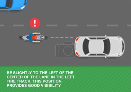 Illustration for Safe motorcycle riding rules and tips. Be slightly to the left of the center of the lane in the left tire track. Top view of a biker following car on left side. Flat vector illustration template. - Royalty Free Image