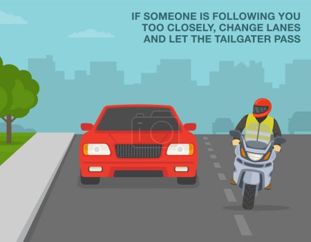 Ilustración de Safe motorcycle riding rules and tips. If someone is following too closely, change lanes and let the tailgater pass. Front view of a motorcycle changing lane. Flat vector illustration template. - Imagen libre de derechos