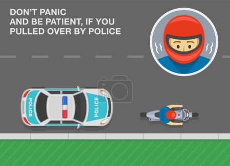 Illustration for Safe motorcycle riding rules and tips. Don't panic and be patient if you pulled over by police. Top view of a traffic police car and moto rider on side of the road. Flat vector illustration template. - Royalty Free Image