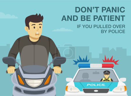 Illustration for Safe motorcycle riding rules and tips. Don't panic and be patient if you pulled over by police. Close-up of a scared moto rider looking at police. Flat vector illustration template. - Royalty Free Image