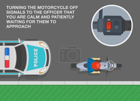 Illustration for Safe motorcycle riding rules and tips. Turning the motorcycle off signals to the officer that you are calm. Top view of a police car and moto rider on side of the road. Flat vector illustration. - Royalty Free Image