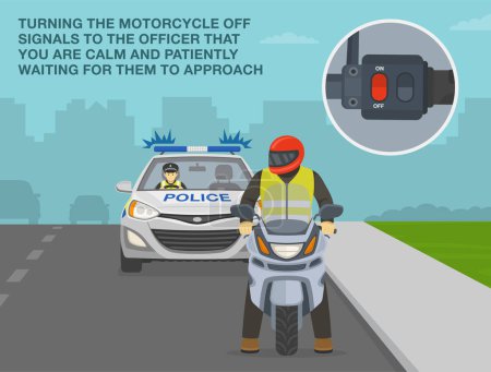 Illustration for Safe motorcycle riding rules and tips. Turning the motorcycle off signals to the officer that you are calm. Front view of a police car and moto rider on side of the road. Flat vector illustration. - Royalty Free Image