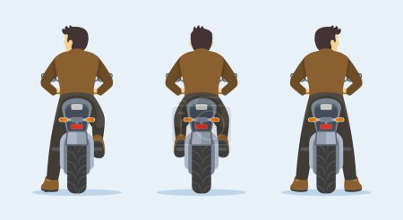 Back view of a young male character without helmet riding motorcycle. Stopping, standing and riding. Flat vector illustration template.  