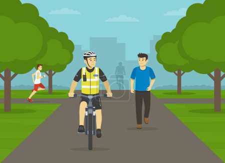 Ilustración de Oficial de policía montando bicicleta en el camino del parque. Vista frontal de una patrulla de bicicletas. Plantilla de ilustración de vector plano. - Imagen libre de derechos