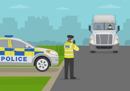 Illustration for Traffic police checkpoint. Male officer holding a radar speed gun on highway. Back view. Flat vector illustration template. - Royalty Free Image