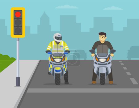 Illustration for Motorcycle riding scene. Scared male moto rider looking at police officer. Front view of a bikers waiting on red traffic signal. Flat vector illustration template. - Royalty Free Image
