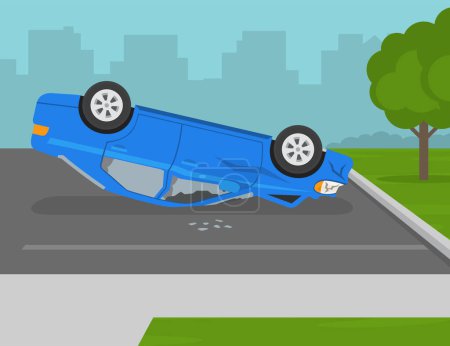 Ilustración de El coche gira sobre el techo después de chocar. Accidente de coche al revés en la zona de aparcamiento al aire libre. Plantilla de ilustración de vector plano. - Imagen libre de derechos