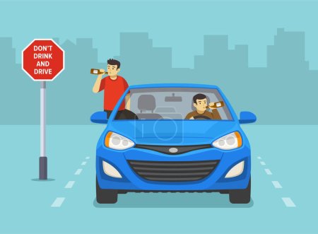 Illustration for Male characters drinking alcohol while driving a blue car on road with "Don't drink and drive" traffic sign. Front view. Flat vector illustration template. - Royalty Free Image