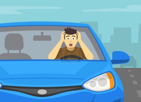 Illustration for Close-up of a frightened male driver holding his head with hands while driving. Front view of a car on city road. Flat vector illustration template. - Royalty Free Image