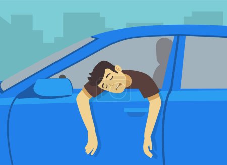 Illustration for Close-up of drunk driver leaning out of the car window. Character's arms hangs down from open window. Side view. Flat vector illustration template. - Royalty Free Image