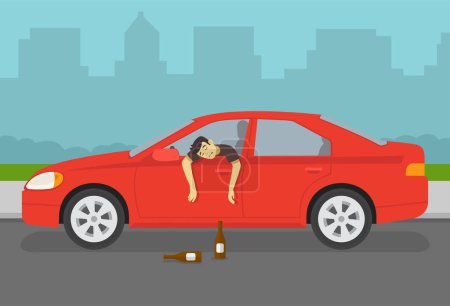 Illustration for Drunk driver leaning out of the car window. Character's arms hangs down from open window. Side view. Flat vector illustration template. - Royalty Free Image