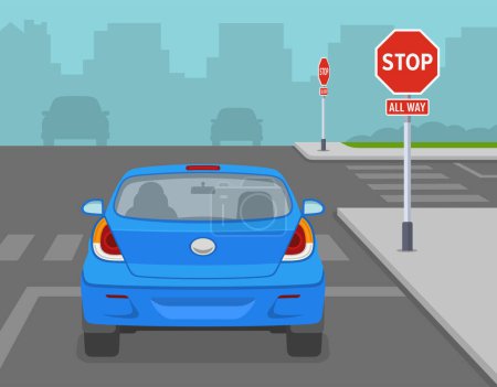 Safe driving tips and traffic regulation rules. Back view of a car stopped at "Stop all way" sign. Flat vector illustration template.