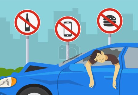 Illustration for Safe car driving. Close-up of a male driver killed after colliding. Restriction signs on background. Flat vector illustration template. - Royalty Free Image
