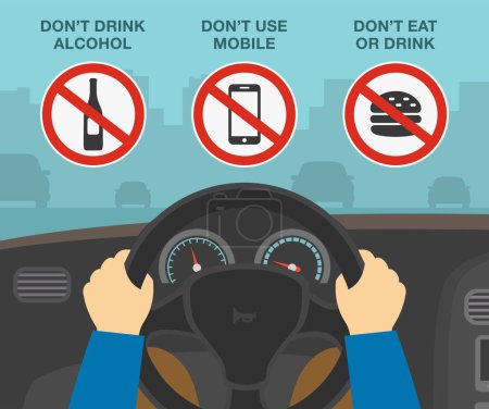 Safe driving tips and rules. Hands holding steering wheel. Do not drink alcohol, use mobile phone and eat or drink while driving. Flat vector illustration template.