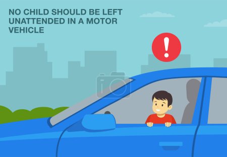 Illustration for Safe driving tips and rules. No child should be left unattended in a motor vehicle. Close-up of kid sitting in front driver's seat. Side view. Flat vector illustration template. - Royalty Free Image