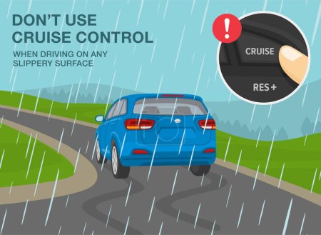 Illustration for Safe car driving tips and rules. Don't use cruise control when driving on any slippery surface. Close-up of a finger pressing button. Suv skidded on wet road. Flat vector illustration template. - Royalty Free Image