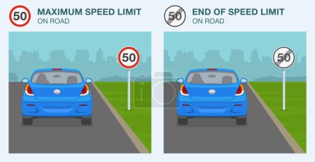 Illustration for Safe car driving tips and traffic regulation rules. Maximum speed limit and end of speed limit signs. Back view of a car on city road. Flat vector illustration template. - Royalty Free Image