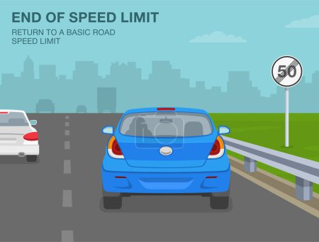 Illustration for Safe car driving tips and traffic regulation rules. End of speed limit sign meaning. Return to a basic speed limit. Back view of a car on motorway. Flat vector illustration template. - Royalty Free Image