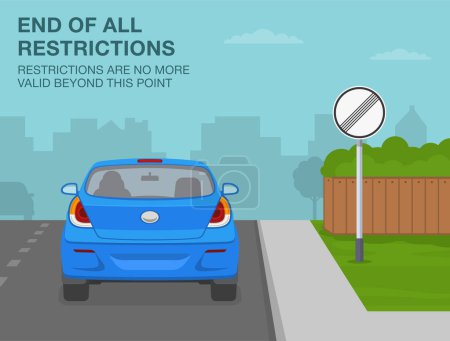Illustration for Safe car driving tips and traffic regulation rules. End of all restrictions sign meaning. Back view of a car on city road. Flat vector illustration template. - Royalty Free Image