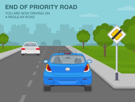 Illustration for Safe car driving tips and traffic regulation rules. End of priority road sign meaning. Back view of a car driving on a regular road. Flat vector illustration template. - Royalty Free Image