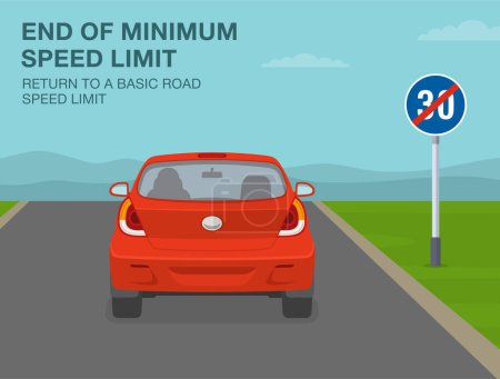 Illustration for Safe car driving tips and traffic regulation rules. End of minimum speed limit sign meaning. Return to a basic road speed. Back view of a red car on country road. Flat vector illustration template. - Royalty Free Image