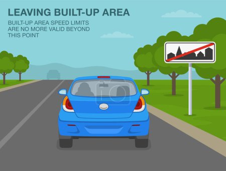 Illustration for Safe car driving tips and traffic regulation rules. End of built-up area sign meaning. Speed limits are no more valid. Back view of a car on country road. Flat vector illustration template. - Royalty Free Image