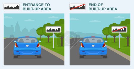 Illustration for Safe car driving tips and traffic regulation rules. Entrance to built-up area and end of built-up area sign meaning. Back view of car on road. Flat vector illustration template. - Royalty Free Image
