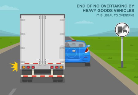 Illustration for Safe car driving tips and traffic regulation rules. End of no overtaking by heavy goods vehicles sign meaning. Back view of a truck passing car on road. Flat vector illustration template. - Royalty Free Image