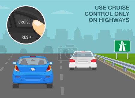 Illustration for Safe car driving tips and rules. Use cruise control only on highways. Close-up of a finger pressing button. Back view of a traffic flow on expressway. Flat vector illustration template. - Royalty Free Image
